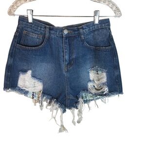 Hayden women’s denim cut off shorts size S distressed Sequined pocket lining